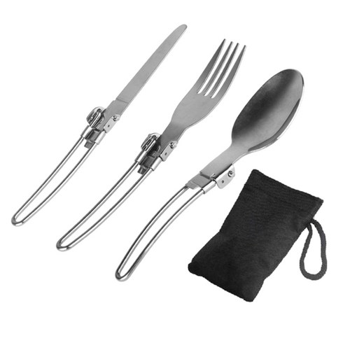 3Pcs 휴대용 접이식 식기 세트 접이식 포크 나이프 스푼 캠핑 수저 키트