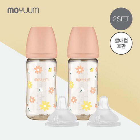 [모윰] PPSU 노꼭지 올인원 젖병 270ml 2팩+젖꼭지2P - 데이지 에디션, 1단계