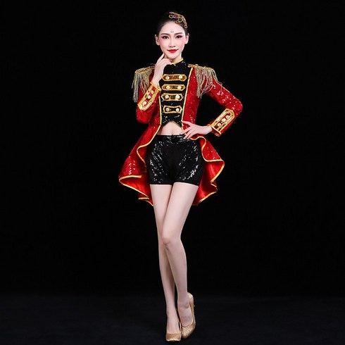 장구공연복 - 트로트 고고 아랑 장구 난타 행사 공연복 의상 현대 스팽클 무용 재즈 댄스 턱시도 의상, 빨간 긴팔