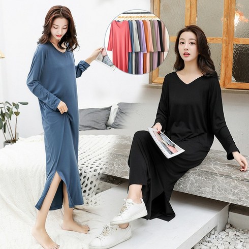 2023년 가성비 최고 베리에 모달블렌디드 셔츠원피스 - 모어가든 여성 롱 원피스 찰랑세트 인견 모달 텐셀 브이넥 고급 원피스 부드러운 잠옷 홈웨어 빅사이즈 긴팔 임산부 기본 실켓 루즈핏 편한 옆트임 냉장고 마약 봄 가을