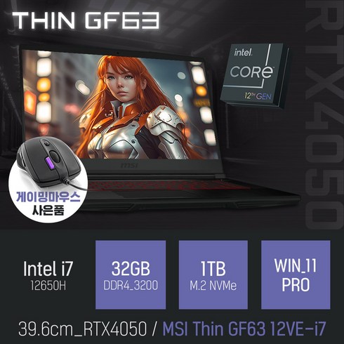 게이밍노트북대여 - MSI Thin GF63 12VE-i7 [이벤트 한정특가 / 사은품증정], WIN11 Pro, 32GB, 1TB, 코어i7, 블랙