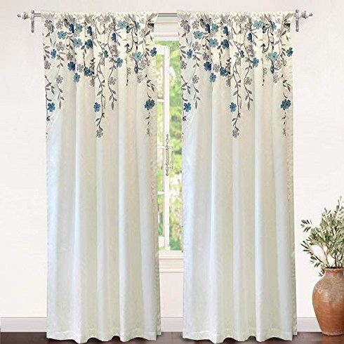 DriftAway Isabella Faux Silk Embroidered Window Curtain Embroidered Crafted Flower Lined with Therma, 1, Ivory/Blue