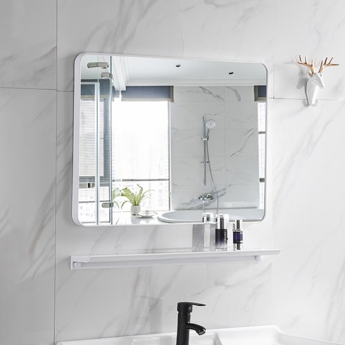 욕실거울 - 북유럽 메탈 사각인테리어 벽거울+선반 접착제포함, 화이트