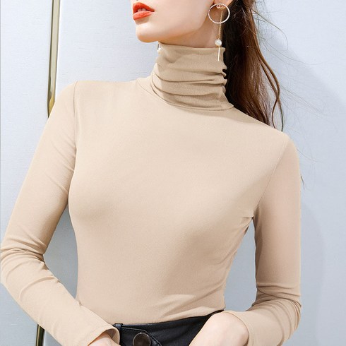 여성 망사 시스루 티셔츠 슬림 폴라넥 긴팔 티셔츠 Women's T-shirt