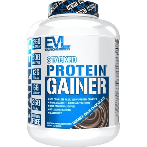 EVLUTIONNUTRITION 스택드 프로틴 게이너 파우더 드링크 믹스 더블 리치 초콜릿 맛, 1개, 2.72kg