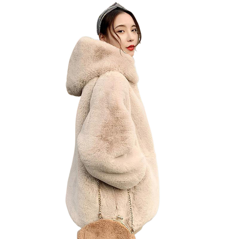 Sunsdew 여성 겨울 토끼털 코트 하프기장 따뜻한 점퍼 후드 루즈핏 밍크코트 집업 바람막이 두꺼운 재킷