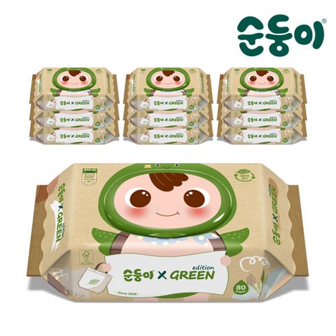 순둥이그린에디션 - [순둥이] 생분해물티슈 그린에디션 캡형 80매 10팩/RaC-01, 80매입, 10개