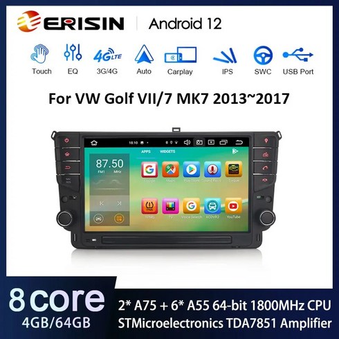 Erisin 차량용 스테레오 GPS IPS 안드로이드 12.0 VW 골프 VII/7 MK7 용 무선 카플레이 자동 라디오 DSP 4G LTE BT5.0 SWC Sat Nav ES8