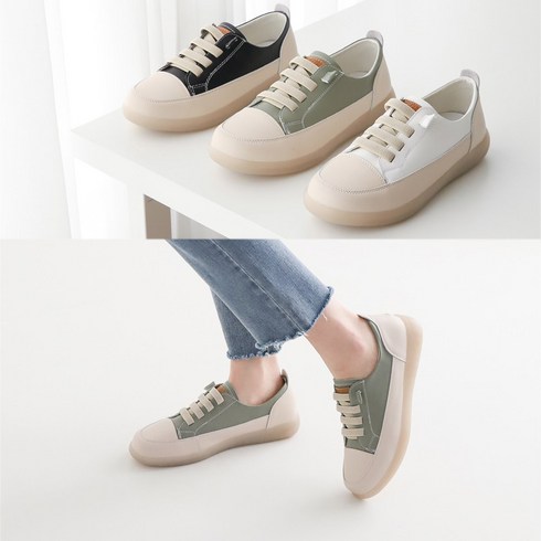 런슈즈 천연소가죽 밴딩끈 쿠션 스니커즈 발편한 단화 슬립온 3cm