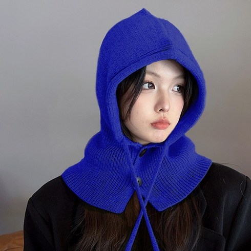 겨울 방한 바라클라바 끈달린 심플 단추 뜨개 니트 후드 넥워머 모자, 블루