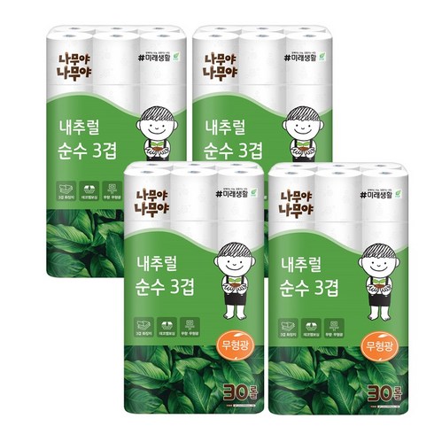 나무야 깨끗한숲 24롤 화장지 3팩  - 미래생활 나무야나무야 내추럴순수3겹데코 22m 30롤 X4팩, 4팩