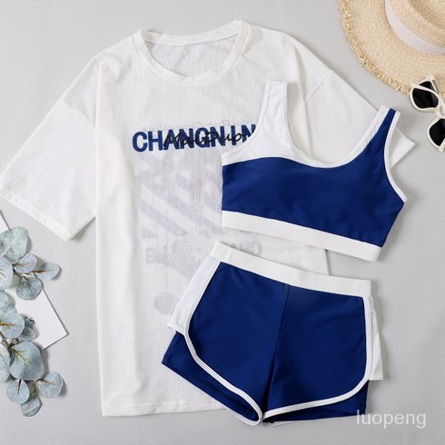 휴양지수영복 - 수영복 세트 여성 여름 끈나시 반바지 반팔 셔츠 상하 3피스 캐주얼 비키니 세트, 블루