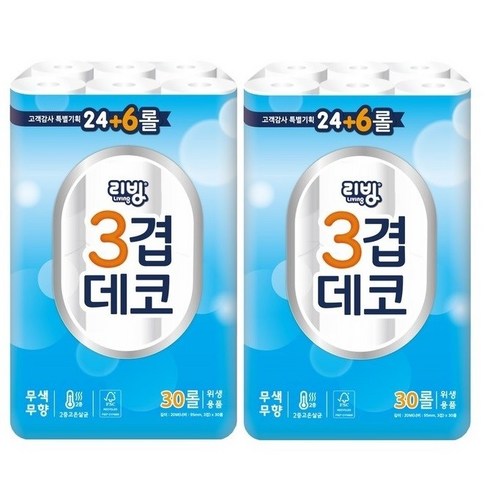 삼정펄프 리빙 3겹 뉴데코 30롤 화장지(휴지)X2팩, 30개