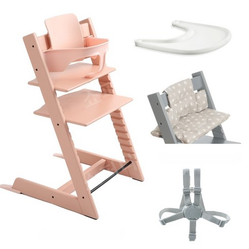 Nuskin 트립트랩 베이비 세트 하이체어 이유식의자, 벚꽃핑크체어+가드+트레이+쿠션+하네스
