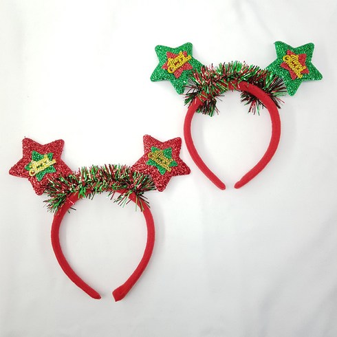 크리스마스 반짝이 별 트리 장식 머리띠 헤어밴드 초록빨강세트, 2개, 빨강초록