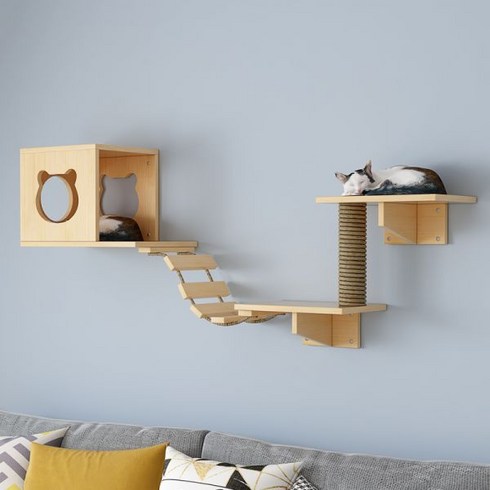 고양이 벽선반 - diy 원목 캣워커 세트 벽걸이 캣타워 숨숨집 고양이 집사 인테리어 고양이 구름다리 놀이, A