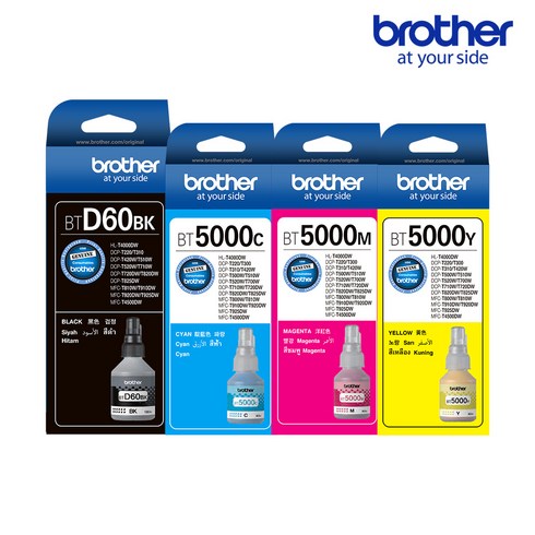 브라더잉크 - 부라더 BTD60 + BT5000 3종 프린터 잉크 세트, BTD60(검정), BT5000(노랑, 빨강, 파랑), 1세트
