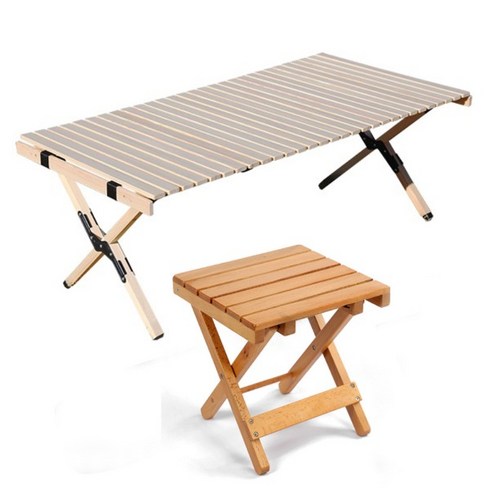 [캠핑문]캠핑 원목롤테이블 1200 4인 의자세트, 다크브라운