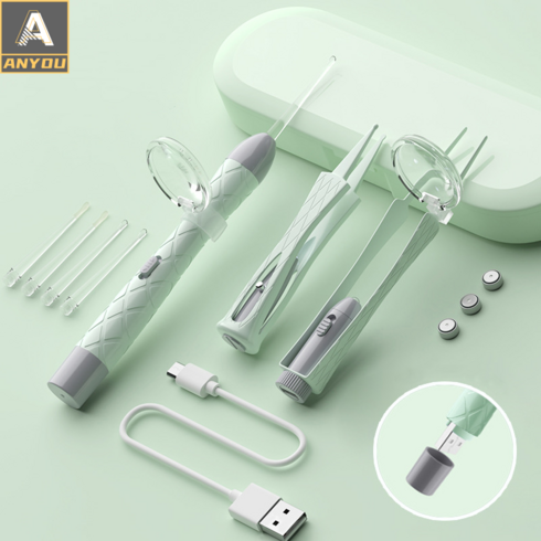 ANYOU 귀이개 USB 충전 발광 비주얼 실리콘 귀이개 3in1 다용도세트 발광코딱지 귀핀셋, 녹색, 1개, 1개