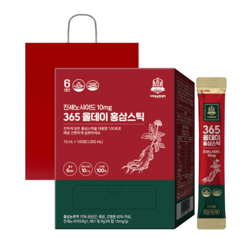 홍삼정원데이스틱(10ml18박스 - 고려홍삼중앙회 홍삼스틱 365 올데이 진세노사이드 10mg 100포, 1개, 1L