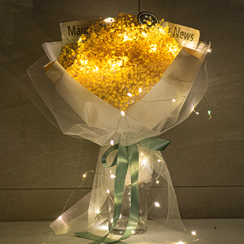 "1000일 동안" 시들지 않는 보존화 안개꽃다발 (LED+엽서+꽃다발)라운드오프, 소형, 옐로우