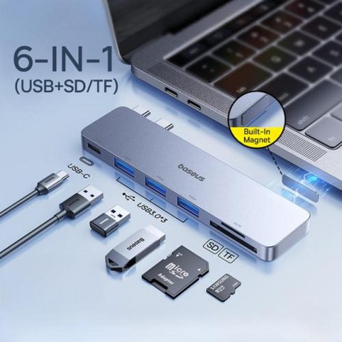 usb허브6in1 - 썬더볼트독 Baseus 듀얼 USB-C 허브 HDMI 호환 4K 30Hz 썬더볼트, 3) 6-IN-1 USB with SDTF