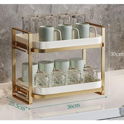 주방 식기 컵 건조대 거치대 수납선반, 골드/화이트