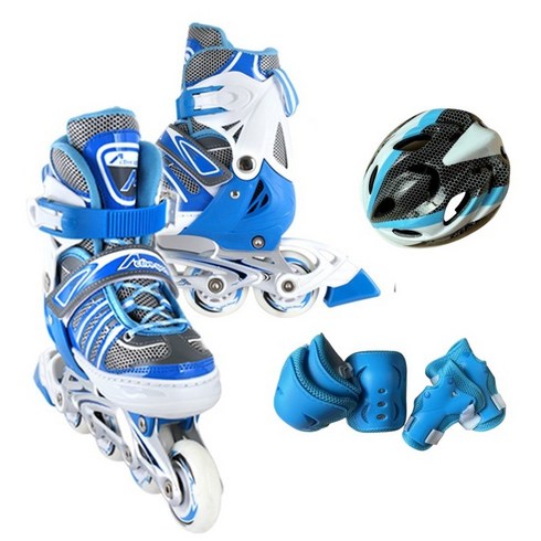 [인라인세트] 사이즈 조절형 아동용 발광 인라인 스케이트+보호대+헬멧, 에이스 블루