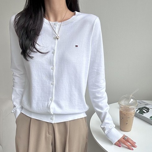 타미힐피거 여성 솔리드 버튼업 가디건 3613