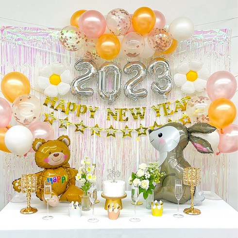 2023년 가성비 최고 연말파티룸 - 해피뉴이어 2023 12종 세트 새해 연말 파티 올인원 2023 풍선 신년 용품 소품 파티룸, 로즈골드, 피치톤, 골드/실버