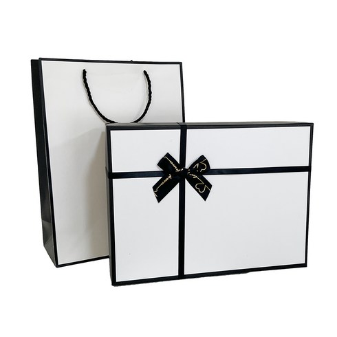 루루홈 리본 선물 포장 박스 + 종이가방, 블랙 앤 화이트
