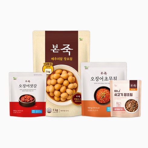 본죽오징어초무침 - [본죽] 오징어젓갈 외 냉장반찬 세트 A ( 메추리알1kg+미니장조림+오징어젓갈+오징어초무침)