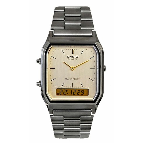 Casio Mens 빈티지 Ana-Digi Quartz Cream Dial Stainless Steel Watch AQ230GG-9A 627530
