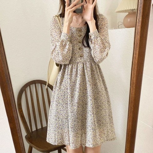 POMTOR 여름 스퀘어넥 긴팔 플라워 원피스