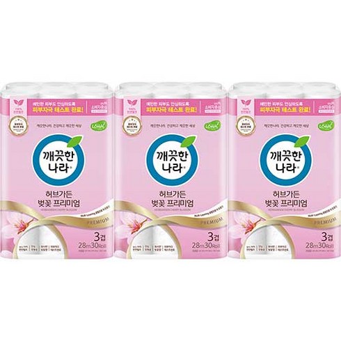 깨끗한나라 3겹 펄프 허브가든 벚꽃 프리미엄 화장지 28m, 30롤, 3팩