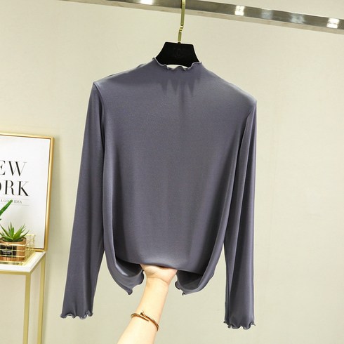 여성용 모달 터틀넥 긴팔 티셔츠 빅사이즈 물결 반목티-1979