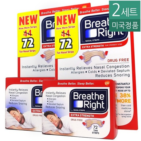 Breathe Right 코골이 방지 코밴드 테이프 72 Count 2박스, 일반피부