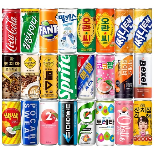 [한번에먹자] 코카콜라 칠성사이다 업소용 캔음료수 24종 혼합세트 환타 조지아 포카리스웨트 파워에이드 게토레이 써니텐 오란씨 맥콜 코코팜 밀키스 토레타 탄산음료 이온음료 캔커피, 1세트