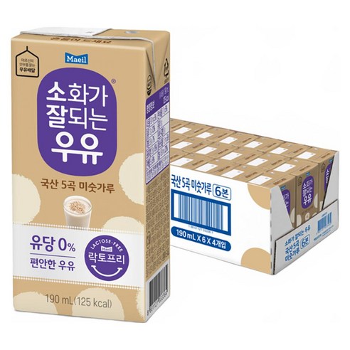 매일유업 소화가 잘되는 우유 5곡 미숫가루, 190ml, 24개