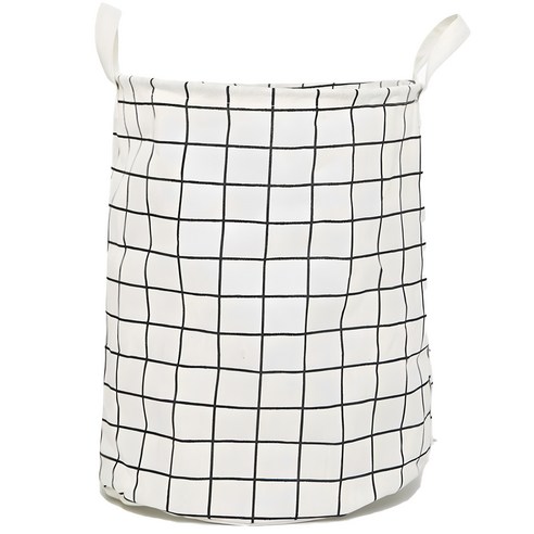 체크 원형 패브릭 접이식 다용도 빨래바구니, 화이트