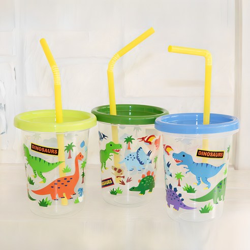 스케이터 빨대컵 3p 세트, 클리어 공룡, 1세트, 230ml