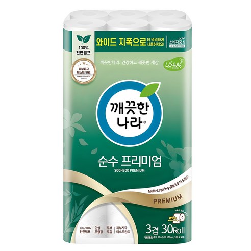 깨끗한나라 순수 프리미엄 천연펄프 3겹 롤화장지, 25m, 30개입, 1개