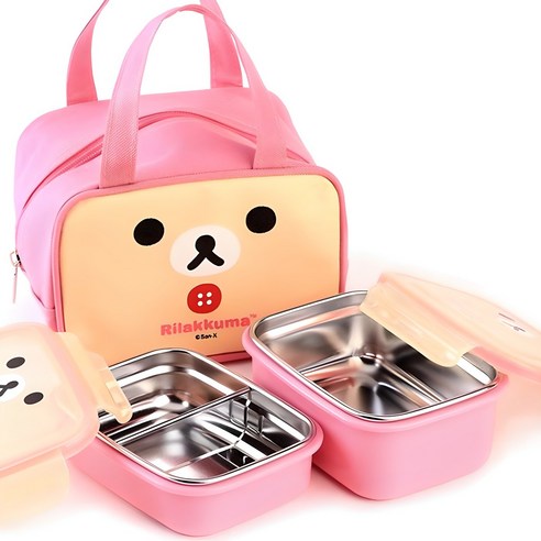 리락쿠마 이중 스텐 2단 얼굴 도시락 + 가방, 아이보리, 1세트