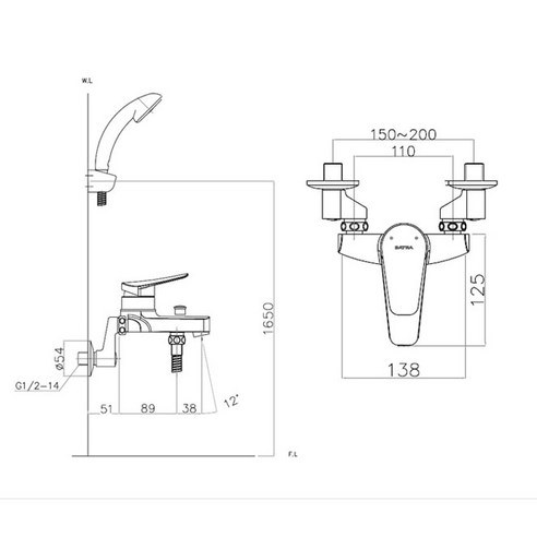 황동 재질의 튼튼한 대림바스 바트라 샤워 욕조 수전