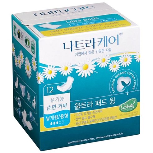 나트라케어 울트라 패드 윙 중형 생리대 날개형, 12매입, 1팩