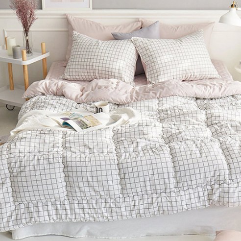 쉬즈홈 모던그리드 피치스킨 차렵이불 + 베개커버 세트