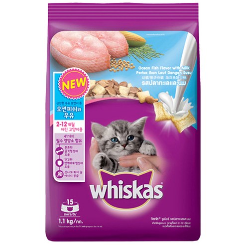 위스카스 주니어 오션피쉬와 우유 고양이 사료, 단품, 1.1kg, 1개