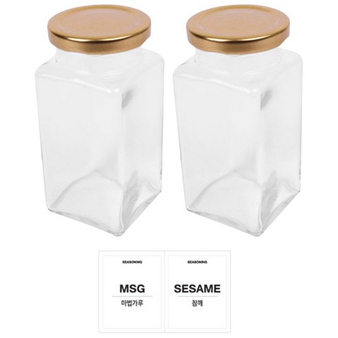 홈앤라이프 유리 양념통 사각 골드캡 300g 2p 세트, 1세트, 양념통 사각 2p + 투명스티커(마법가루 + 참깨)