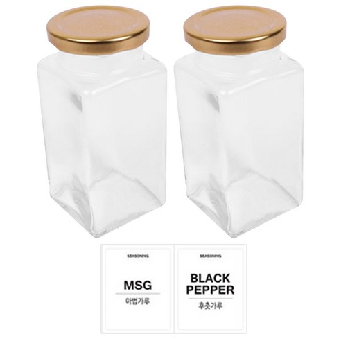 홈앤라이프 유리 양념통 사각 골드캡 300g 2p 세트, 1세트, 양념통 사각 2p + 투명스티커(후춧가루 + 마법가루)