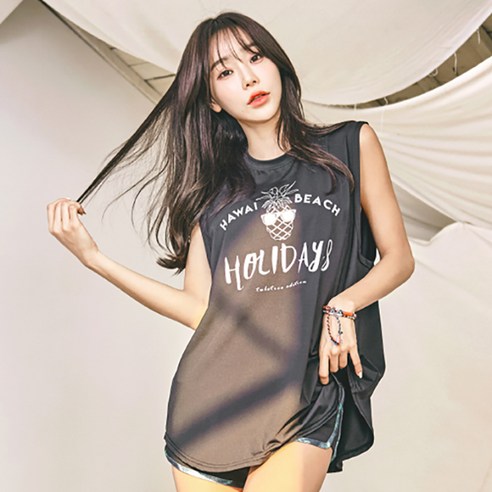 펀한커플 여성용 루즈핏 홀리데이 래쉬가드 나시 상의 + 하의 세트 BE4202